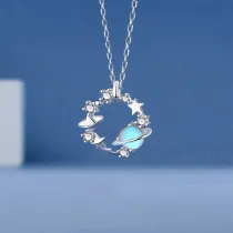 Sterling Silver Planet Ring Zirconia Diamonds Pendant Necklace