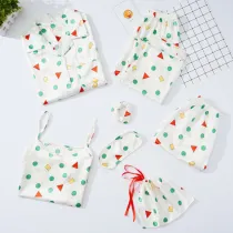 Women 7 Pieces Satin Silk Sleepwear Long Sleeve Shirt and Shorts with Eye Mask Headband Pajamas Set