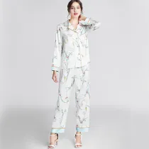 Women Satin Silk Sleepwear Long Sleeve Button Shirt and Pants Floral Printed Pajamas Set