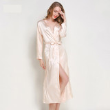 Women Long Sleeve Solid Color Lace Sleepwear Surplice Maxi Dress Robe Nightgown with Belt