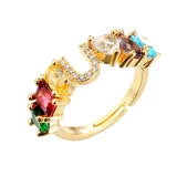 Golden Zircon 26 English Letters Fashion Jewelry Inlaid Diamond Adjustable Size Women Ring