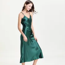 Women Sling Sleeveless V-Neck Sleepwear Solid Color Silk Midi Dress Pajamas