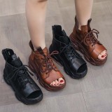 Women Open Toe Fish Mouth Hollow Out Lace Up Platform Sandals