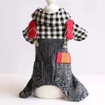 Pet Dog Cloth Black Lattice Shirt Denim Overall Puppy Cloth