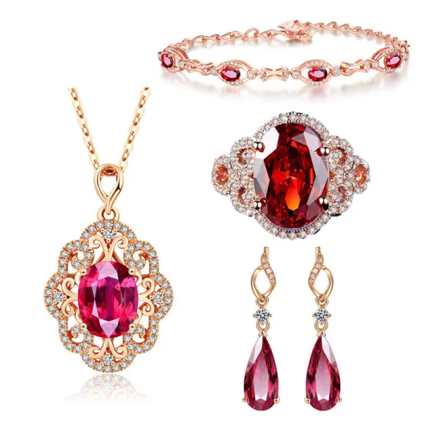 Red Crystal Drop Pendant Chain Jewelry Necklaces Women Rings Jewelry Sets