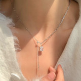 Square Diamond Tassel Necklace Female Versatile Niche Long Sterling Silver Pendant Clavicle Chain
