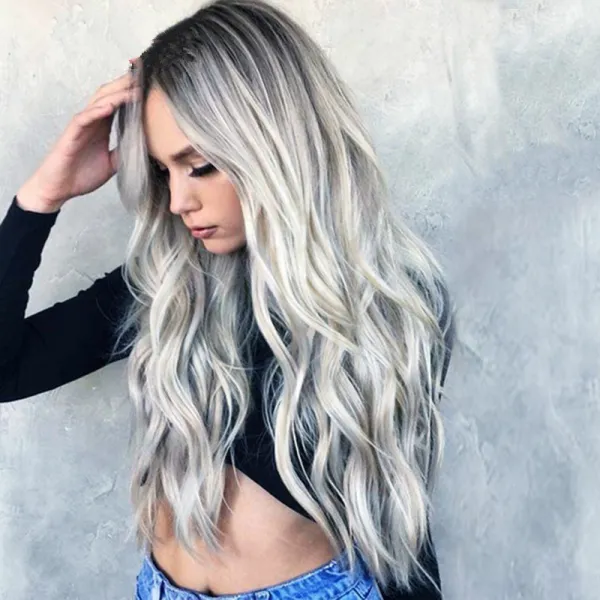 Women Synthetic Cosplay Wigs Long Gradient Silver Grey Wavy Hair Middle Parting Curly Wig