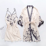 Women 2 Pieces Satin Silk Sleepwear Butterfly Printed Robe Nightgown and Backless Sleep Dress Pajamas Set