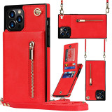 Zipper Leather Wallet Drop Proof Phone Case for iPhone13 12 11 Pro Max with Crossbody Lanyard