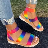 Women Rainbow Lace Up Strap Flat Wedge Sandals With Thick Soles