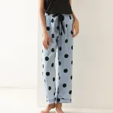 Women 2 Pieces Sleepwear Silk Sling Sleeveless Lace Black Top and Long Pants Pajamas Set