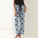 Women 2 Pieces Sleepwear Silk Sling Sleeveless Lace Black Top and Long Pants Pajamas Set