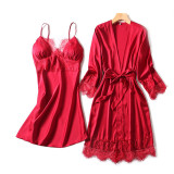 Women 2 Pieces Satin Silk Sleep Dress Sling Lace Dress and Robe Pajamas Set