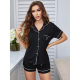 Women 2 Pieces Cotton Black Sleepwear Short Sleeve Button Shirt and Pants Pajamas Set