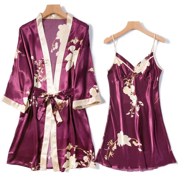 Women 2 Pieces Satin Silk Sleepwear Long Sleeve Robe Nightgown and Sling Sleep Dress Pajamas Set
