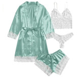 Women 4 Pieces Satin Silk Sleepwear Nightgown Lace with Lingerie Pajamas Set