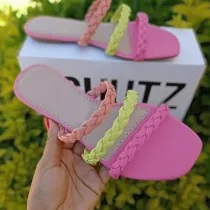 Square Head Colorful Strap Flat Heel Women Beach Slides Sandal Slipper