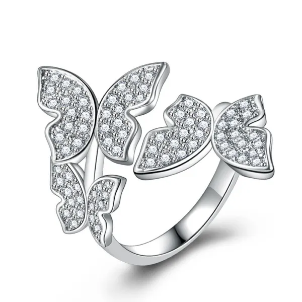 Silver Zircon Butterfly Fashion Jewelry Inlaid Diamond Adjustable Size Women Ring