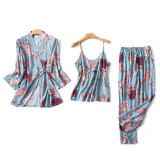 Women 3 Pieces Satin Silk Sleepwear Floral Printed Robe and Sling Top Pants Pajamas Set
