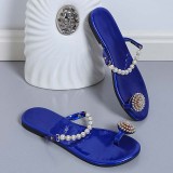 Women Pearl Blue Strap Flip Flops Flat Sandal Slipper