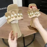 Women Pearls Open Toe Bare Flat Heel Leisure Sandalias Slippers