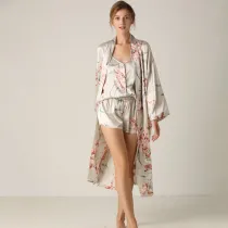 Women 3 Pieces Floral Printed Sleepwear Silk Sling Sleeveless Top Shorts and Maxi Robe Pajamas Set