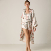 Women 3 Pieces Floral Printed Sleepwear Silk Sling Sleeveless Top Shorts and Maxi Robe Pajamas Set