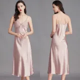 Women Sling Sleeveless Satin Silk Sleepwear V-Neck Maxi Dress Pajamas