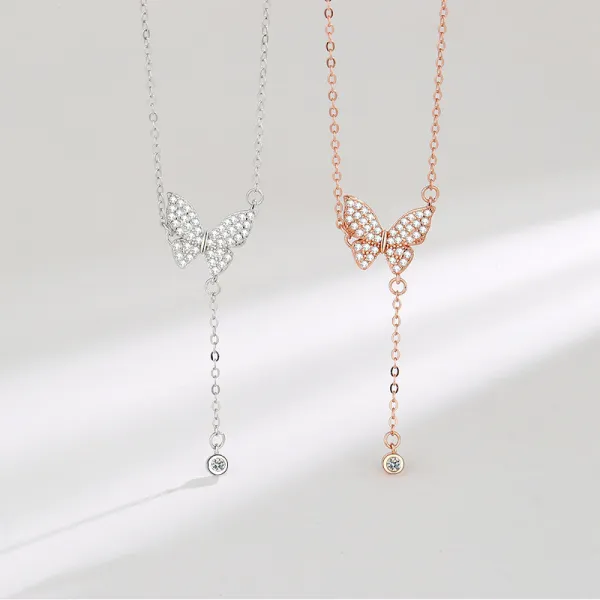 18K White Gold Pave Zirconia Diamonds Butterfly Pendant Necklace