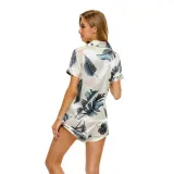 Women 2 Pieces Satin Silk Sleepwear Short Sleeve Mixed Print Shirt and Shorts Pajamas