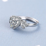 Silver Zircon Leaf Heart Type Fashion Jewelry Inlaid Diamond Adjustable Size Women Ring