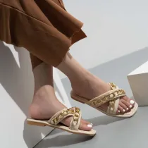 Women Cross Metal Strap Square Toe Flat Sandal Slipper