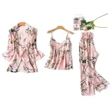 Women 3 Pieces Satin Silk Sleepwear Floral Printed Robe and Sling Top Pants Pajamas Set