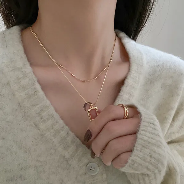 Hip Hop Alloy Clavicle Chain Multilayer Chain Necklace Women Trending Jewelry Hollow Rectangular Pendant Necklace
