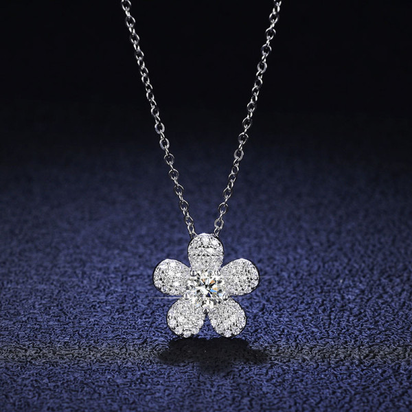 Sterling Silver Moissanite Diamond Camellia Pendant Necklace