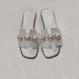 Women Lenuine Leather Pearls Block Flat Sandals Shoes