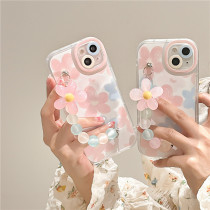 Printed Flowers Drop Proof Phone Case for iPhone13 12 11 Pro Max with Pink Flower Bracelet