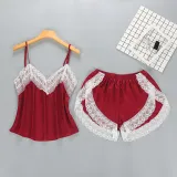 Women 2 Pieces Satin Silk Sleepwear Sling Lace Cami Top and Mini Shorts