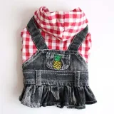 Pet Small Dog Red Lattice Hooded Shirt Denim Strap Dress Puppy Cloth