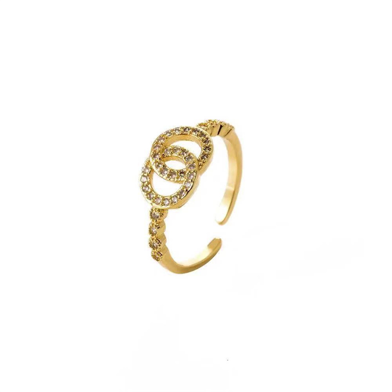 Gold Zircon Double Loop Cross Fashion Jewelry Inlaid Diamond Adjustable Size Women Ring