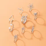 Flower Star Silver Nine Piece Ring Set Pearl Diamond Adjustable Ring Set Women