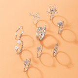 Flower Star Silver Nine Piece Ring Set Pearl Diamond Adjustable Ring Set Women