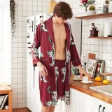 Women 2 Pieces Satin Silk Sleepwear Printed Robe Nightgown and Shorts Pajamas Set