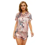 Women 2 Pieces Satin Silk Sleepwear Short Sleeve Mixed Print Shirt and Shorts Pajamas