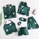 Women 7 Pieces Satin Silk Sleepwear Long Sleeve StripeD Shirt and Pants with Eye Mask and Headband Pajamas Set