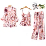 Women 3 Pieces Satin Silk Sleepwear Floral Printed Robe and Sling Top Pants Pajamas Set