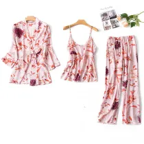 Women 3 Pieces Satin Silk Sleepwear Floral Printed Robe and Sling Top Pants Pajamas Set