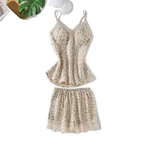 Women 2 Pieces Satin Silk Sleepwear Leopard Printed Sling Lace Tops and Shorts