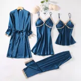 Women 4 Pieces Satin Silk Sleepwear Lace Robe Nightgown and Cami Tops Pants Pajamas Set