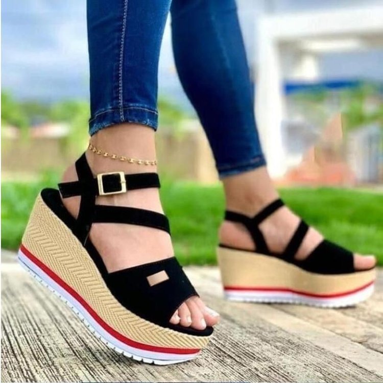 Causal Belt Bucket Solid Color Stylish Fish Mouth Open Toe Wedge Sandals